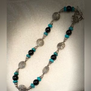 Necklace- beaded w/ silver, black, aqua colored beads - beautiful clasp
